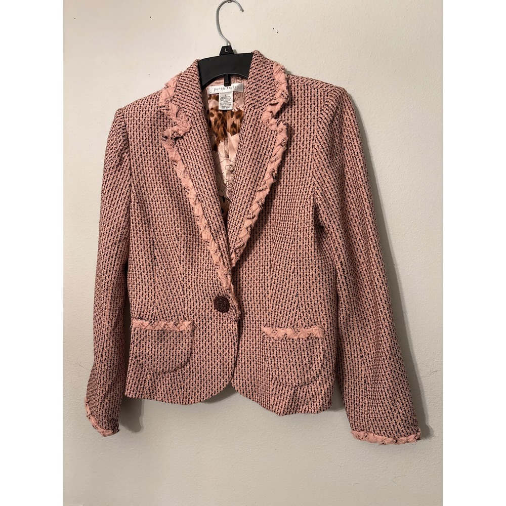 Pursuits Ltd Tweed Blazer Womens 6 Pink Excellent Leopard Print Lining Fringe